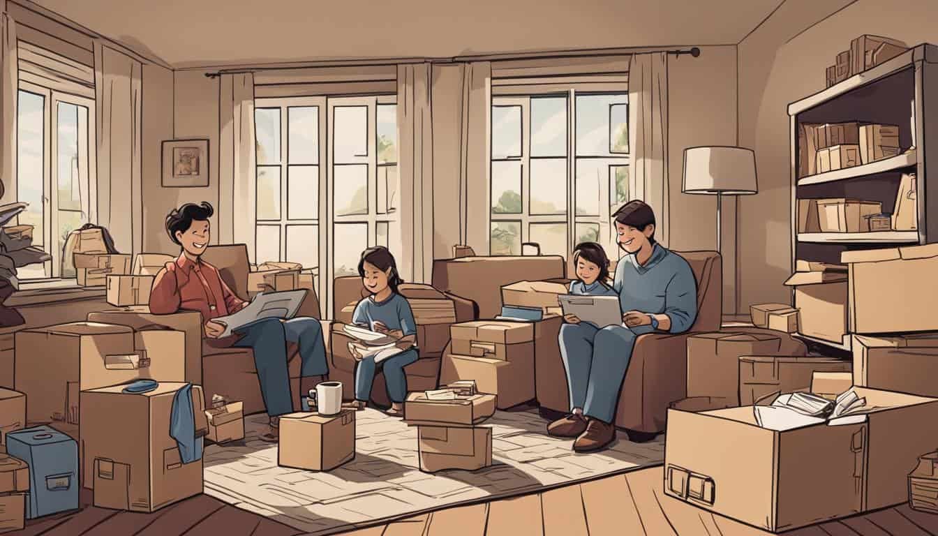 B&W Movers A cartoon illustration of a family moving into a new home with the assistance of removal companies.
