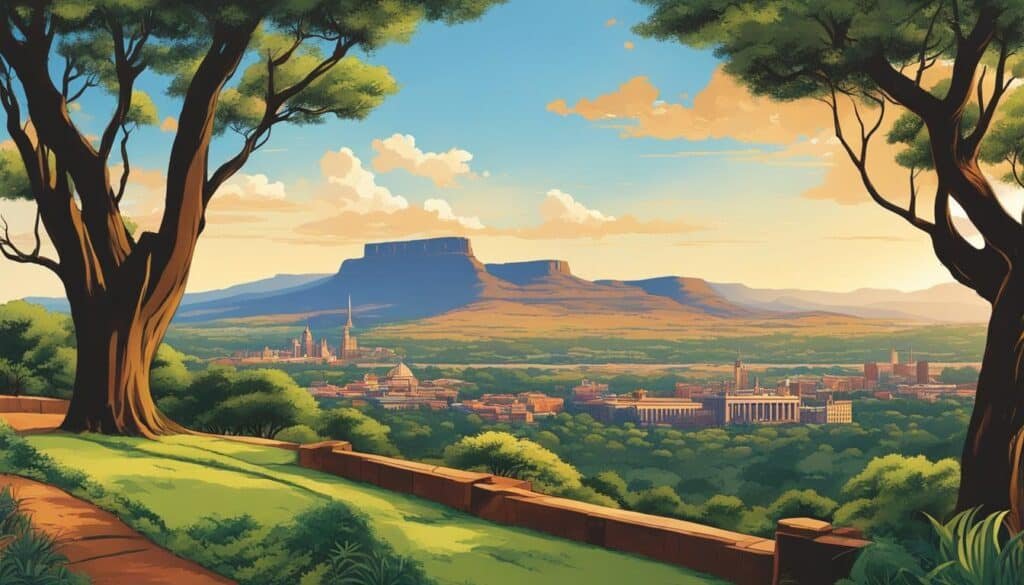 Reliable Moving Services Pretoria - Stress-Free Moves 1 B&W Movers A picturesque cityscape painting featuring beautifully detailed trees dotting the landscape and majestic mountains towering in the background.