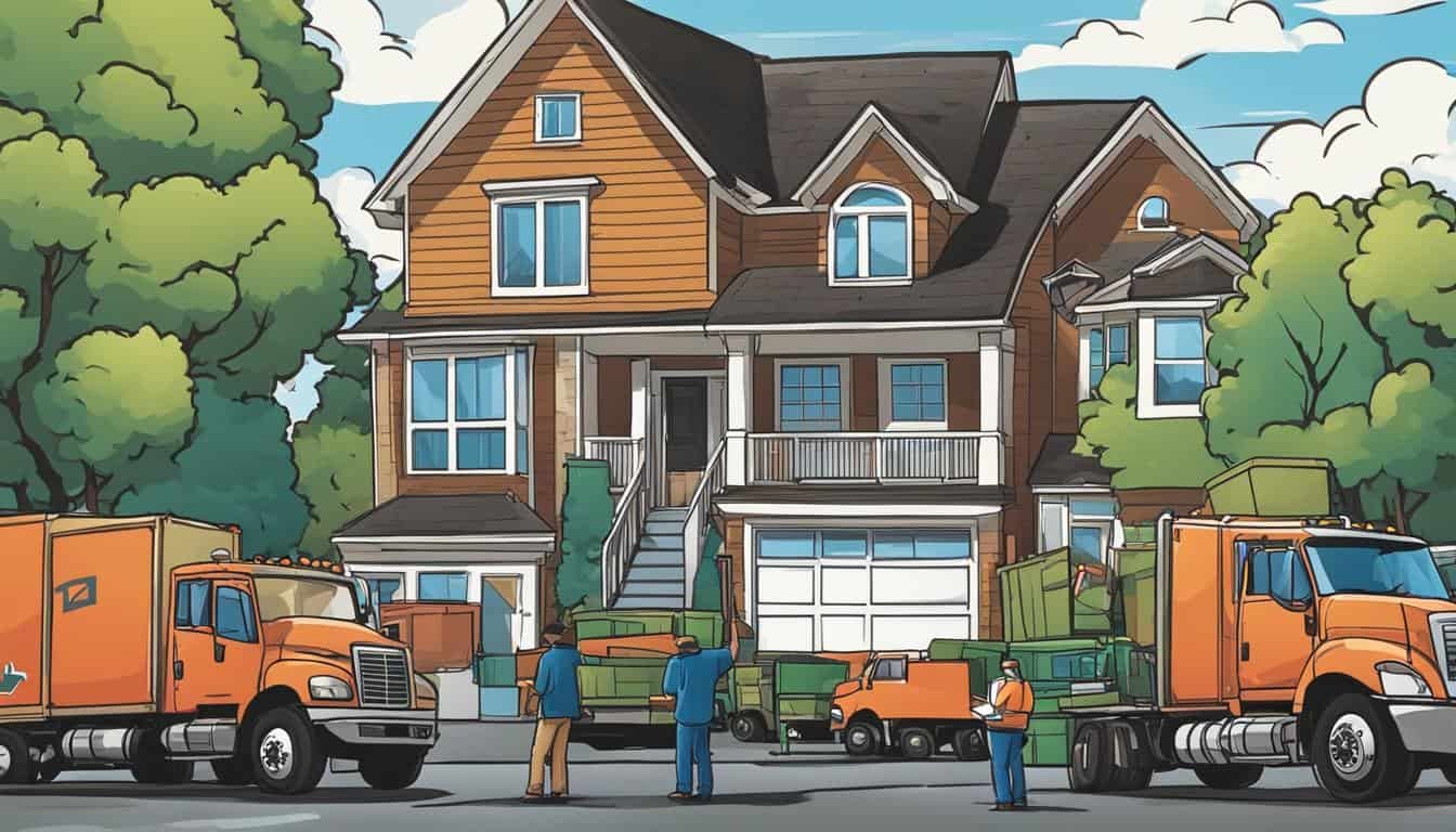 B&W Movers A cartoon illustration of trucks parked in front of a house, showcasing reputable moving companies in the area.
