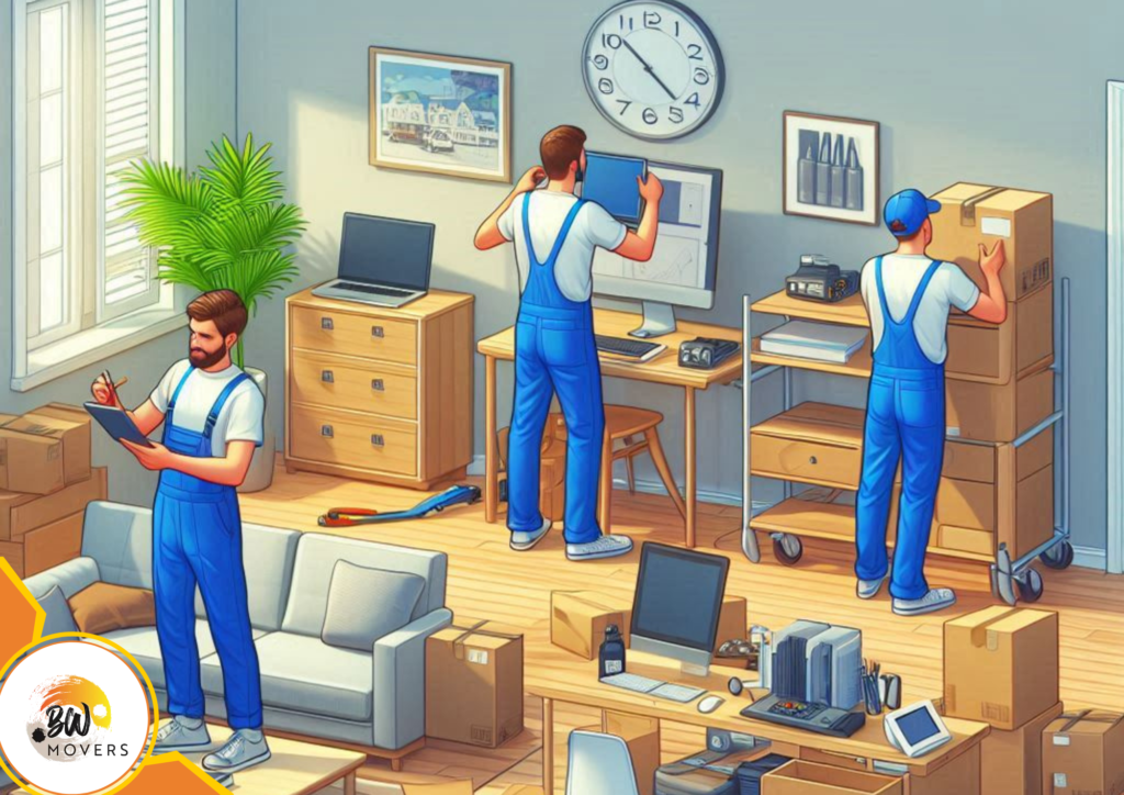 Relocating? These 4 Moving Companies in South Africa Offer Stellar Customer Service 3 B&W Movers Three movers in blue uniforms from a reputable South African moving company are unpacking and organizing a room filled with cardboard boxes and furniture. One writes notes, another stacks boxes, and the third arranges items on a desk, showcasing their stellar customer service.