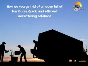 Our Blog 1 B&W Movers Silhouette of movers loading or unloading a truck at sunset, offering decluttering solutions for a house full of furniture.