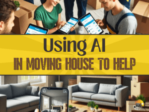 B&W Movers People using a moving app on tablets and smartphones. Text reads: "Using AI in moving house to help.