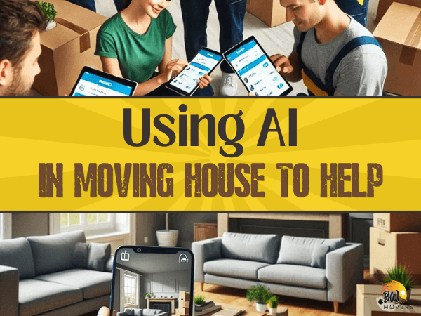 Save Money and Time by Using AI in Moving House to Help 12 B&W Movers People using a moving app on tablets and smartphones. Text reads: "Using AI in moving house to help.