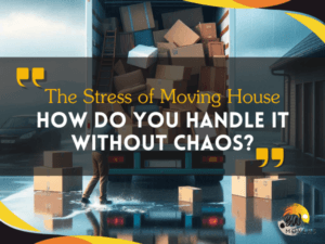 B&W Movers Person loading boxes into a moving truck in rainy weather. Text reads: "Handling the Stress of Moving House: Can You Avoid Chaos?" Logo with "Movers".