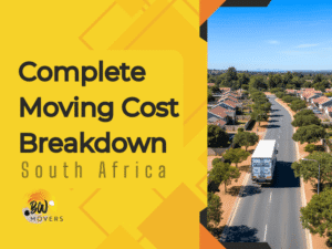 B&W Movers A moving truck drives down a suburban street under a clear sky; text reads "Complete Moving Cost Breakdown South Africa" with the 3W Movers logo, highlighting a detailed moving cost breakdown for anyone moving in South Africa.